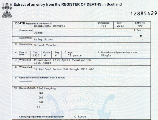 Portion of James Rainy Brown's official death certificate.