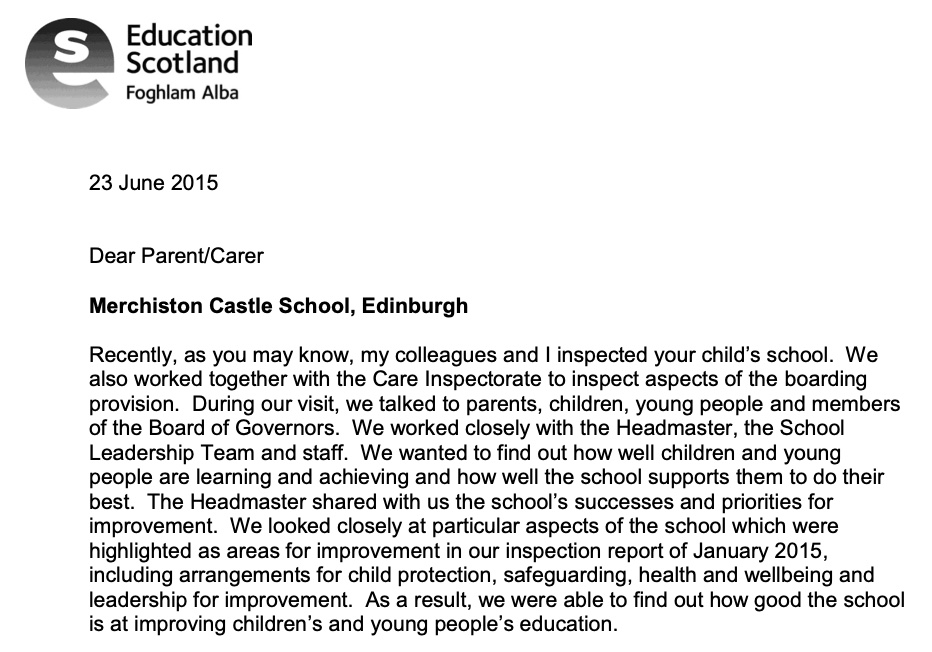 Part of an Education Scotland letter to Merchiston parents.